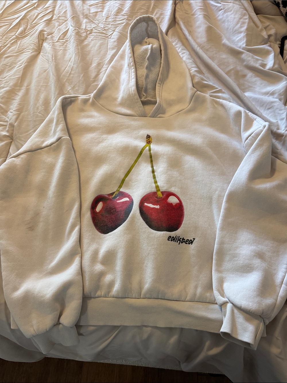 Edikted White Hoodie with Red Cherry Graphic Size Small